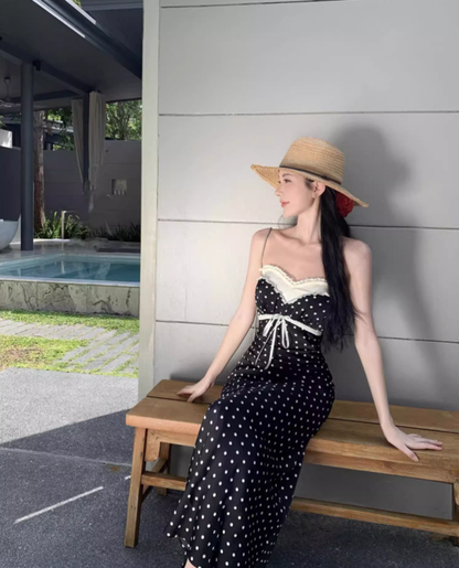 Temperament lace polka dot one-shoulder tube top dress with slim waist and hip-hugging long skirt R0581