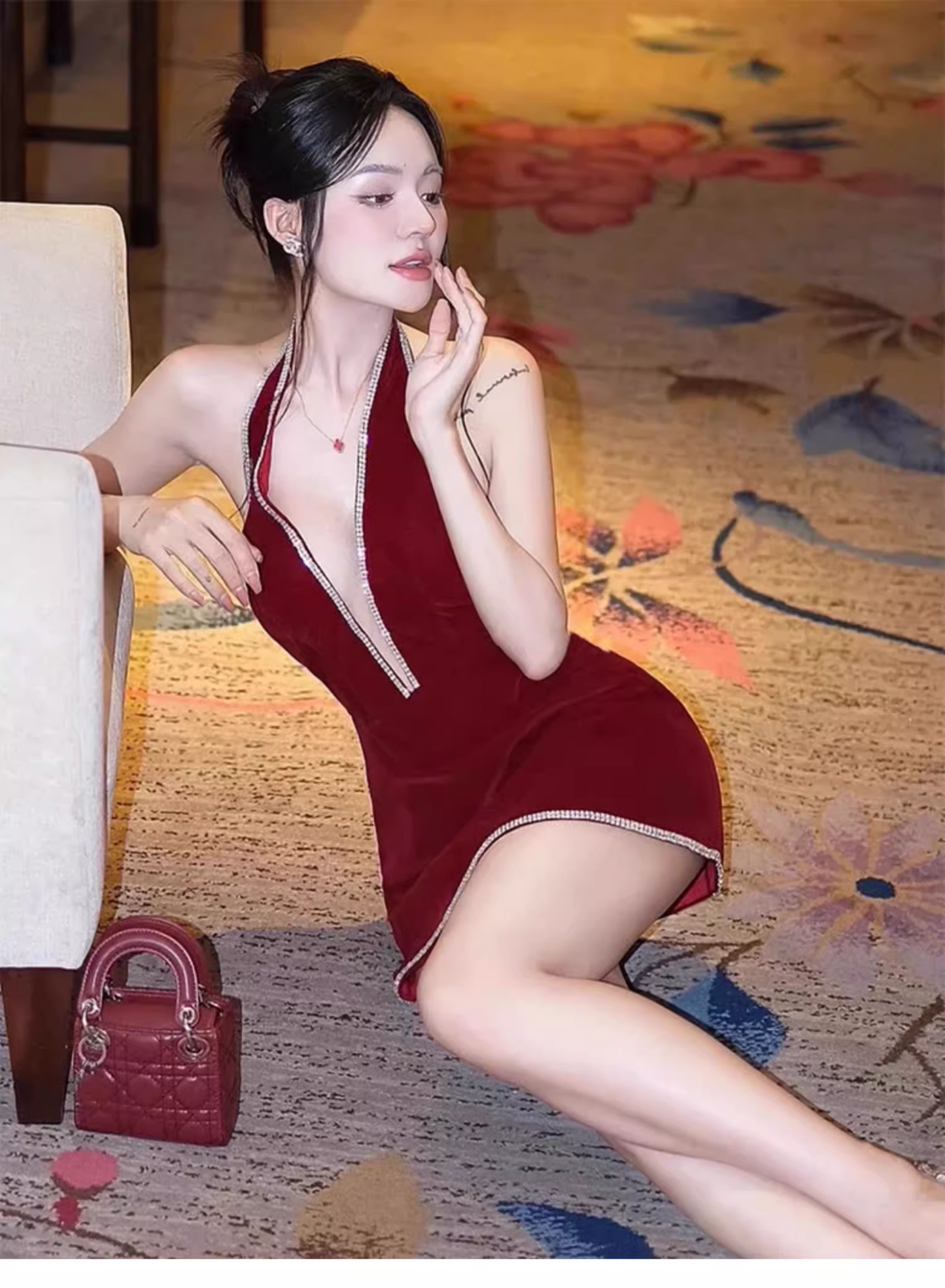Simple Fashion Burgundy V-neck Halter Dress Design A-line Party Dress Homecoming Dress, D1382