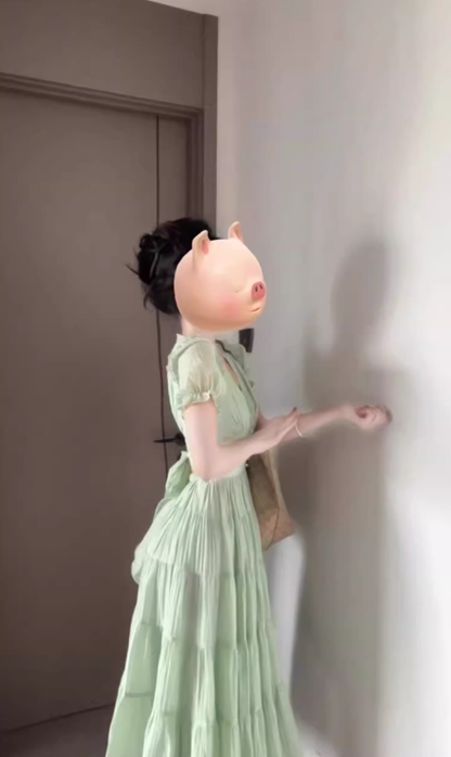 Summer holiday atmosphere small skirt beautiful gentle temperament green v-neck puff sleeve dress R0479