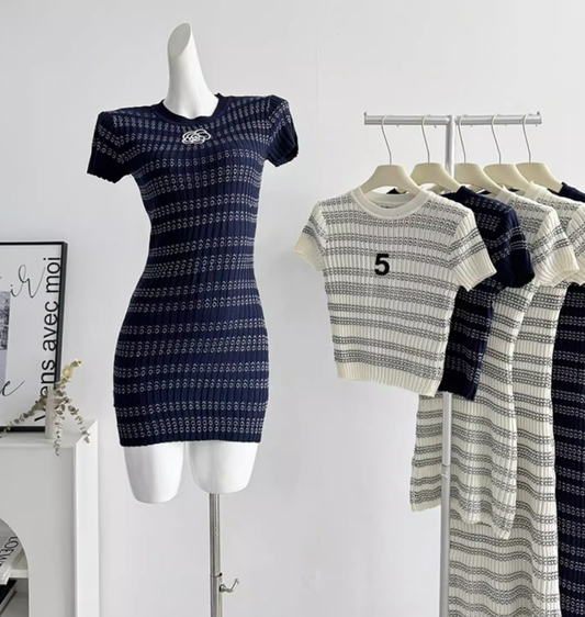 Round neck striped knitted dress for women 2025 summer small fragrance style medium long skirt R0288
