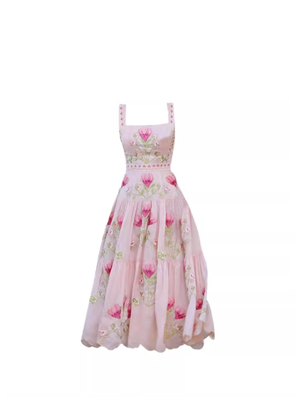 French retro square neck suspender long dress 2025 summer new temperament skirt R3383