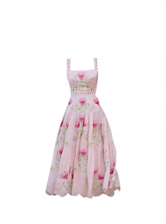French retro square neck suspender long dress 2025 summer new temperament skirt R3383