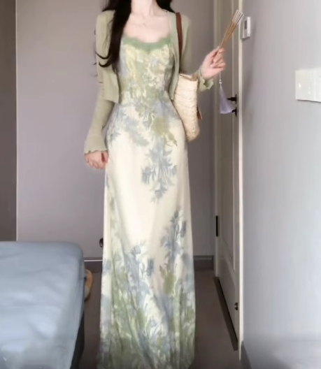 Floral suspender dress beautiful waist dating dress summer R0730