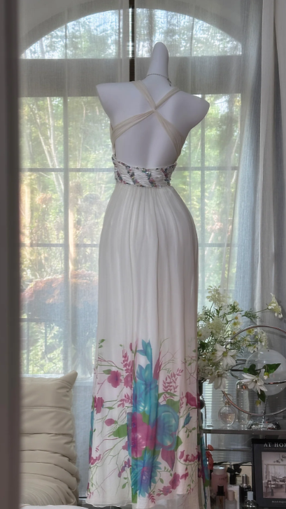 Chiffon Flower Printed Prom Party Dress 21st Birthday Outfit Evening Dress  fg8592