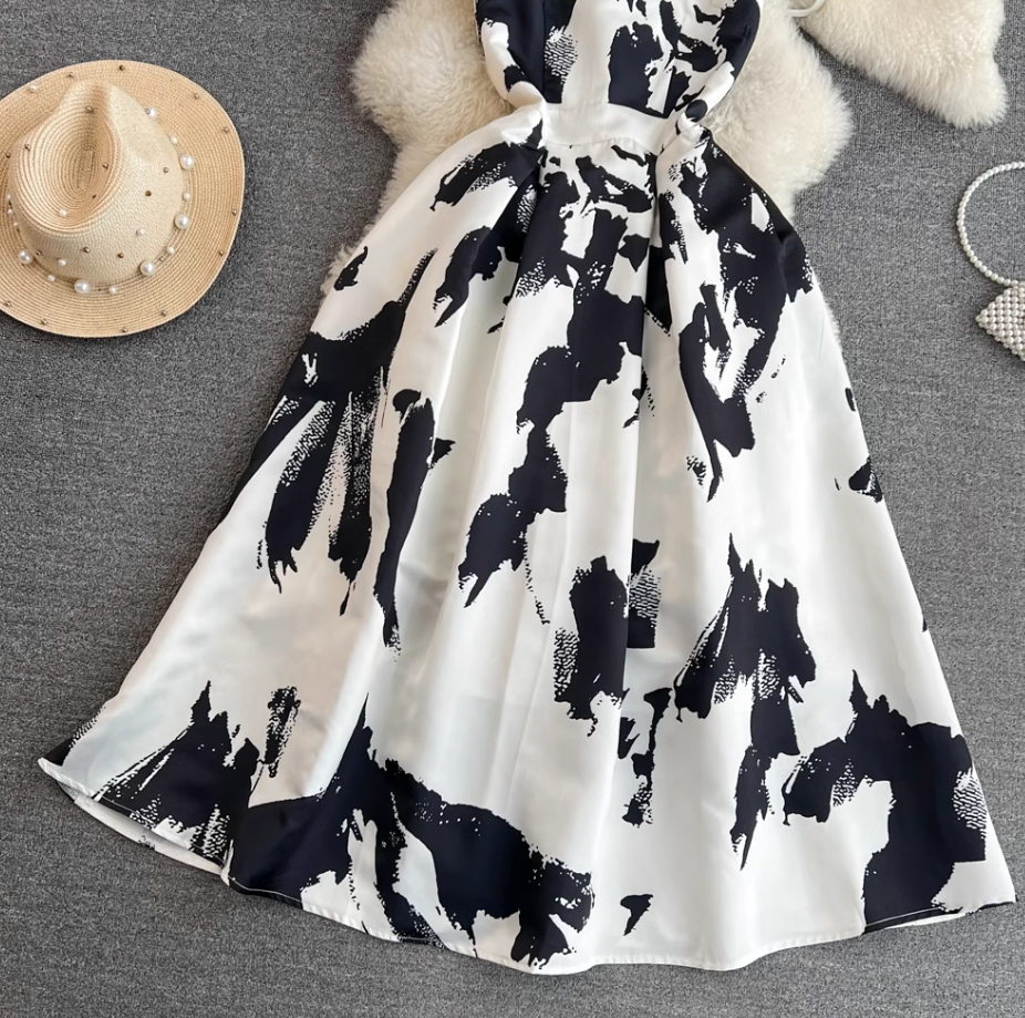 Temperament vest long skirt light luxury round neck waist sleeveless a-line print big swing dress R0398
