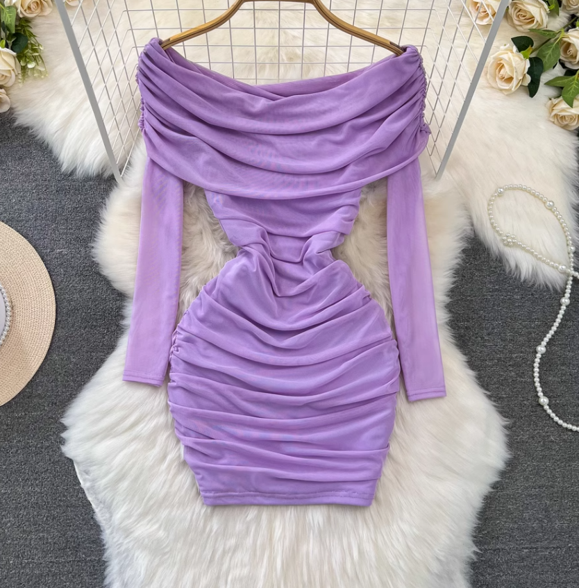 Pure sexy one-shoulder off-shoulder waisted petite short pleated mesh hip-wrapped bottoming dress R0386