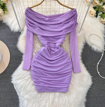 Pure sexy one-shoulder off-shoulder waisted petite short pleated mesh hip-wrapped bottoming dress R0386