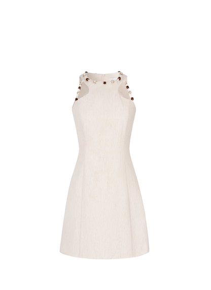 French style high-end holiday style beige round neck waist slim petite A-line dress R3344