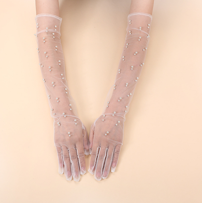 Mesh sun protection gloves pearl full finger gloves transparent lace long dress bride wedding gloves     S6272