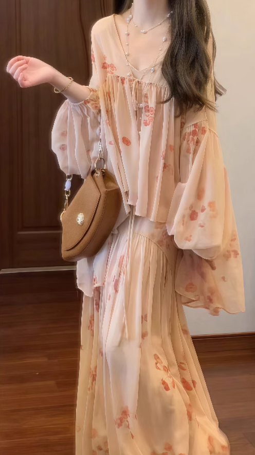 Gentle temperament floral dress waist beautiful summer skirt R0748