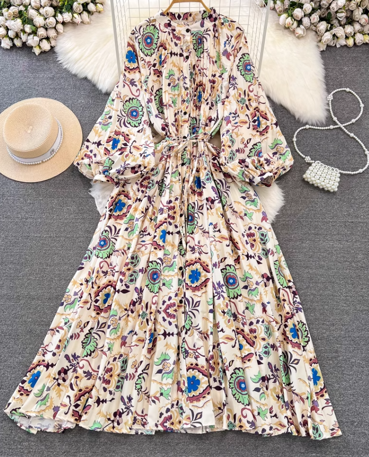 Fashion lantern long sleeve round neck waist a-line print irregular dress elegant long skirt R0404