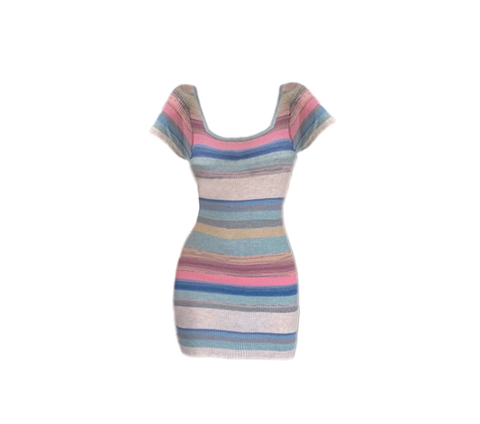 Pure color short-sleeved knitted dress with waist, sexy and slim hip-hugging short skirt R0143