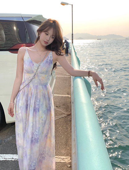 Long V-neck waist suspender dress summer French retro temperament skirt R4950