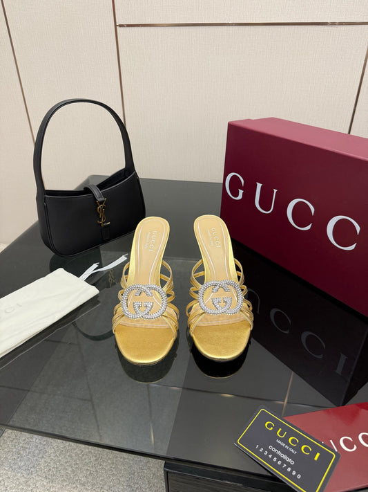 Women's Slide 85mm With Crystal Interlocking G Gold Leather