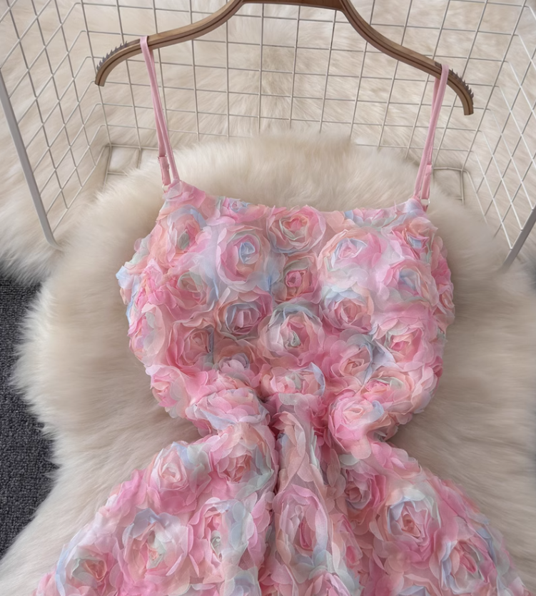 New three-dimensional mesh flower dress design with heavy waist and slim pink dress long skirt R0334