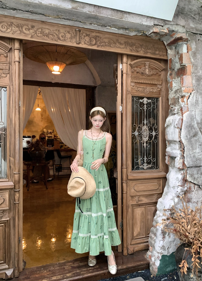 Green long round neck sleeveless suspender dress women's summer French temperament skirt R4742