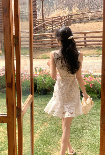 French V-neck Crochet Hollow Dress Women's Slim Sleeveless Temperament Lace Mini Skirt R4337
