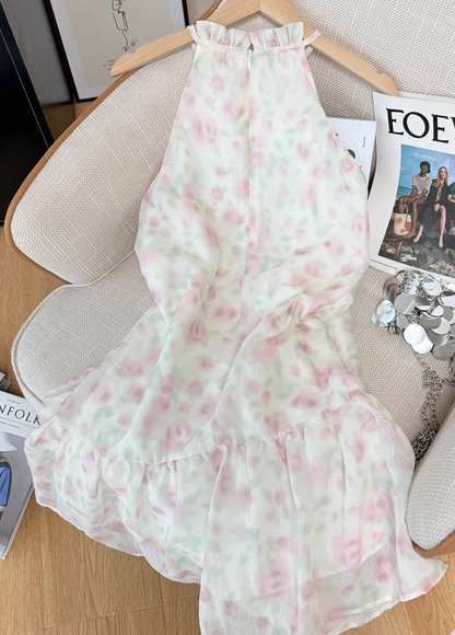 French tea break floral sleeveless halter dress new style gentle style first love sweet short skirt R4038