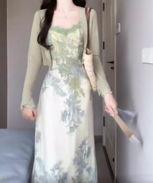 Floral suspender dress beautiful waist dating dress summer R0730