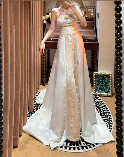 Fashion Strapless Satin Embroidery Beaded Mermaid Party Dress Evening Gown Ivory Long Wedding Guest Dress