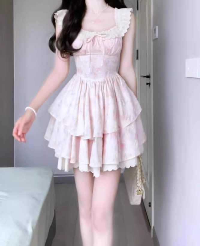 Pink floral dress beautiful niche waist puffy short skirt R0745