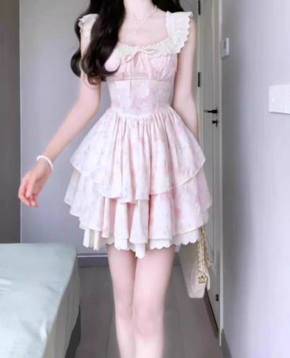 Pink floral dress beautiful niche waist puffy short skirt R0745