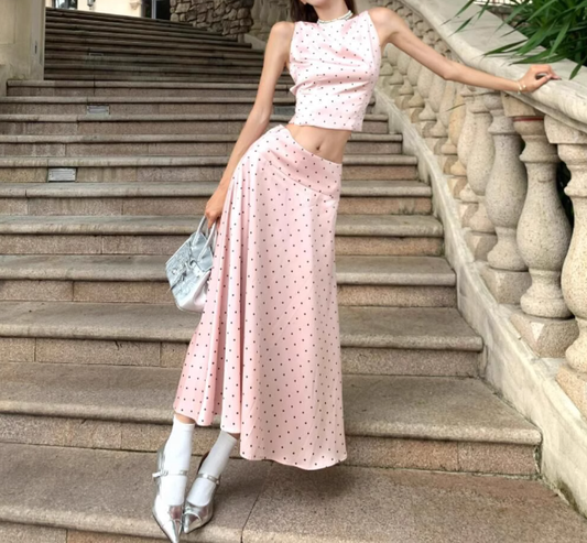 Pink polka dot suspender top two-piece set chic sweet and spicy skirt set R0822