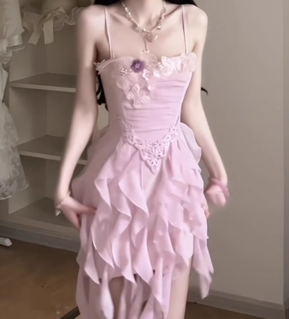 Ruffled purple flower suspender dress gentle temperament waist A-line beach dress R0792