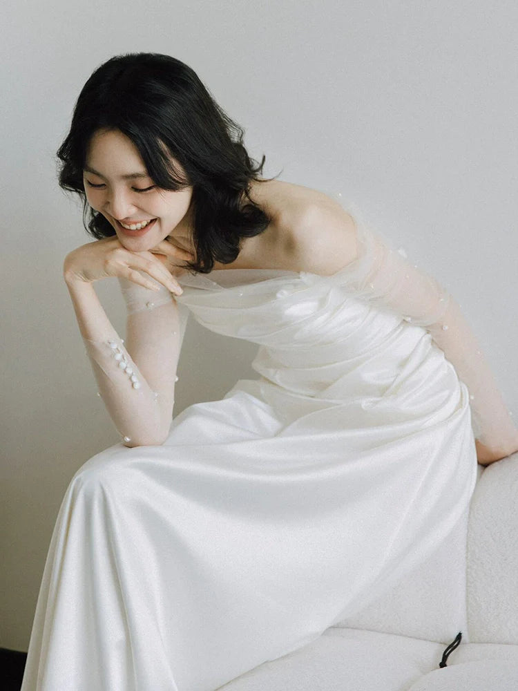 Long Sleeves Satin Mermaid Wedding Dresses Long Bridal Gown      S7213