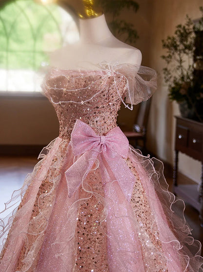 A Line Pink Elegant Evening Gowns Off Shoulder Long Prom Dress     S7209