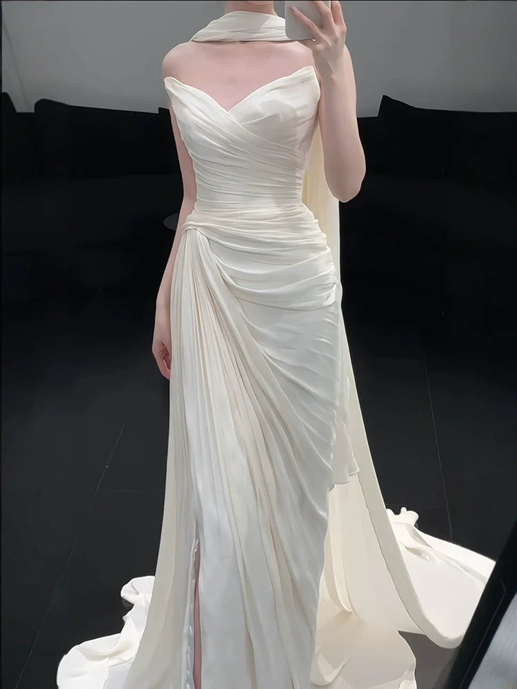 Strapless Pleat Long Wedding Dress Evening Party Dresses    fg7706
