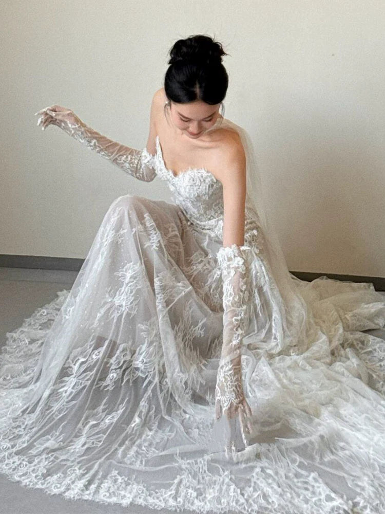 Sexy Lace Strapless Long Wedding Dresses Bridal Gown      S7206