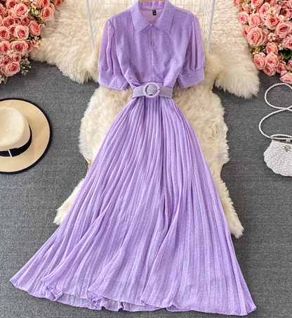 2025 Puff Sleeve Lapel Pleated Polka Dot Dress Waist Slimming Long Swing Dress Short Sleeve R0382