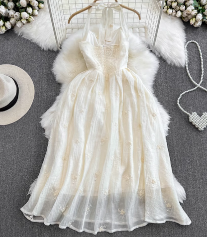 Light luxury temperament halter neck backless waist A-line embroidered dress seaside holiday long skirt R0379