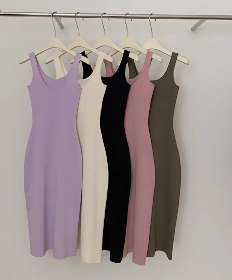 Long casual knitted slim fit vest dress sleeveless bottoming suspender skirt R0261