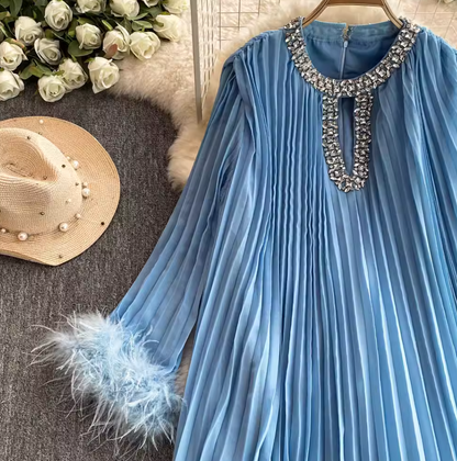 New French retro diamond round neck loose long trumpet sleeve pleated dress R0311