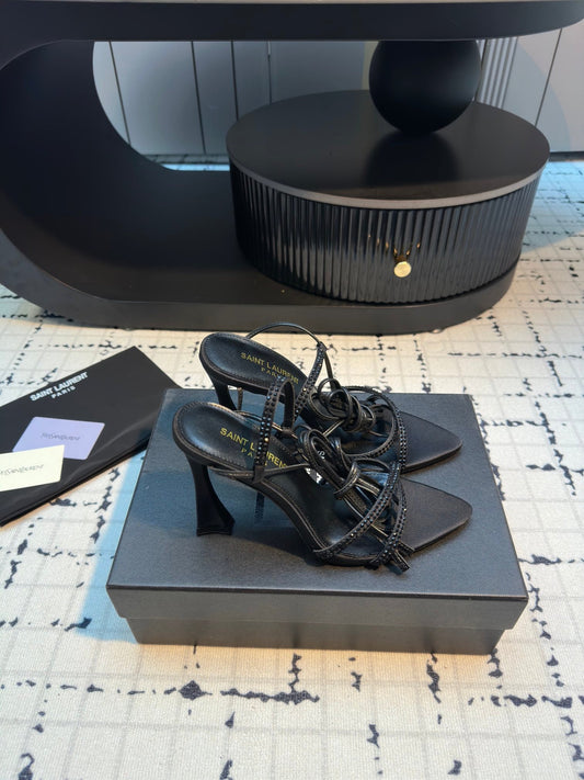 HIGH HEEL SANDALS WITH SHINY RHINESTONES STRAP IN BLACK SILK