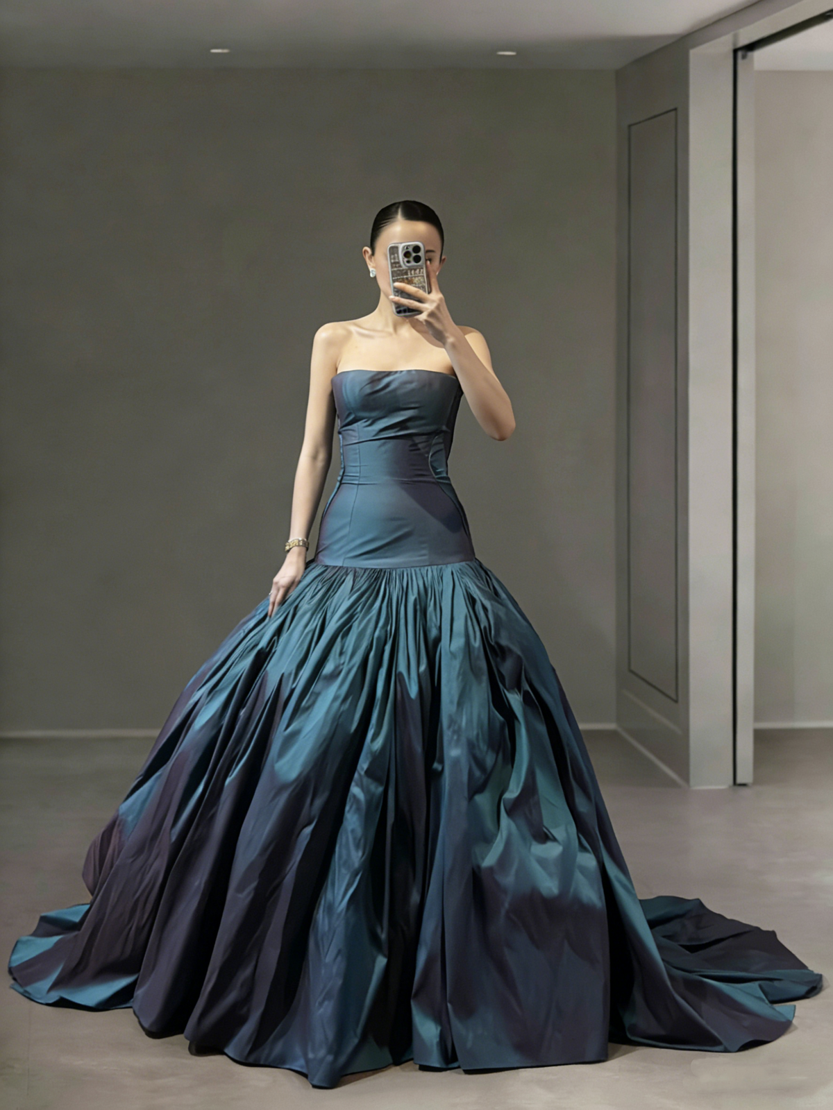 Vintage Strapless Ball Gown Blue Satin Pleated Long Party Dress SP1770