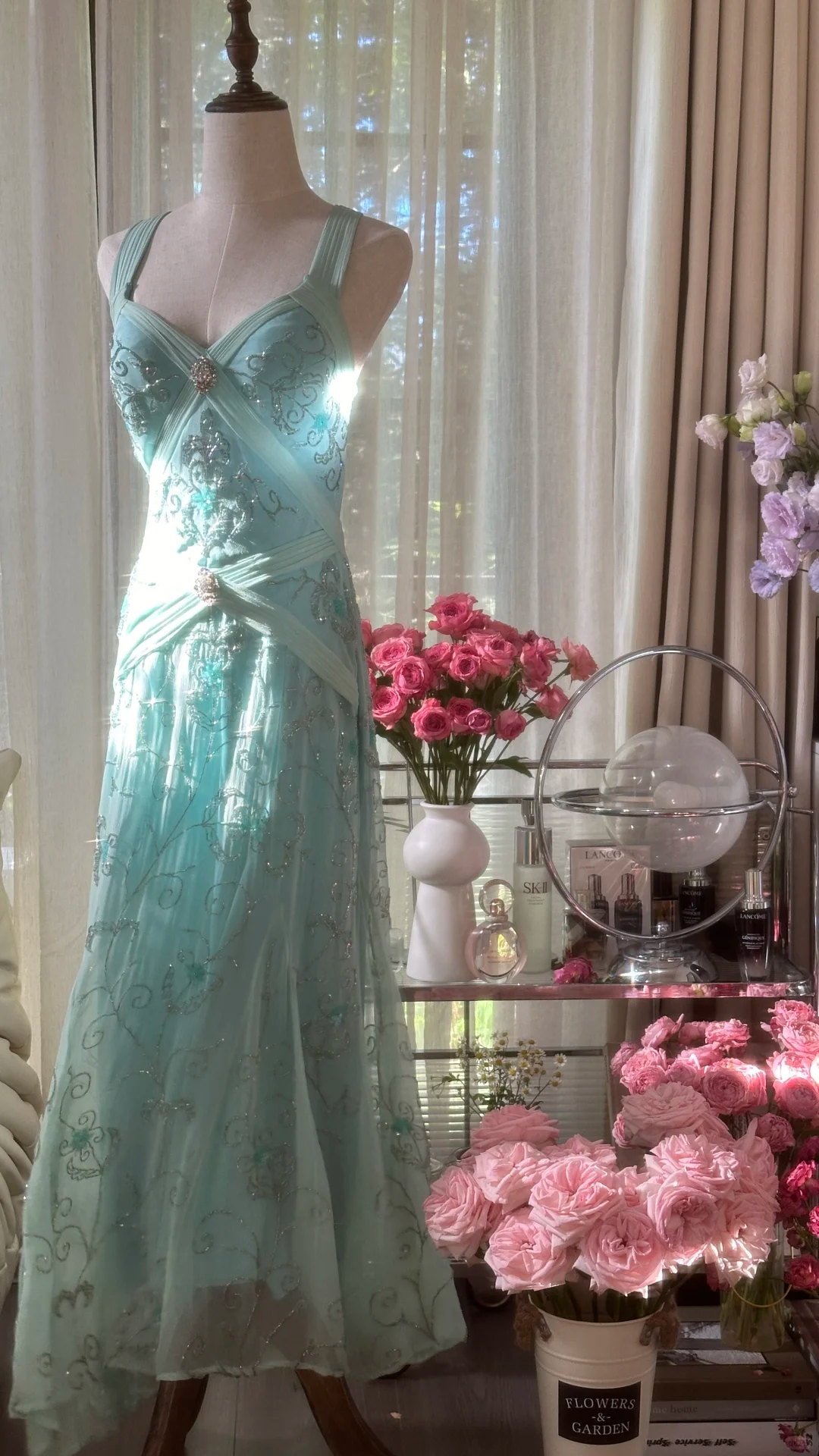 Retro Sparkling Light Blue Sweetheart Design A-line Romantic Chiffon Evening Dress Prom Dress D1480