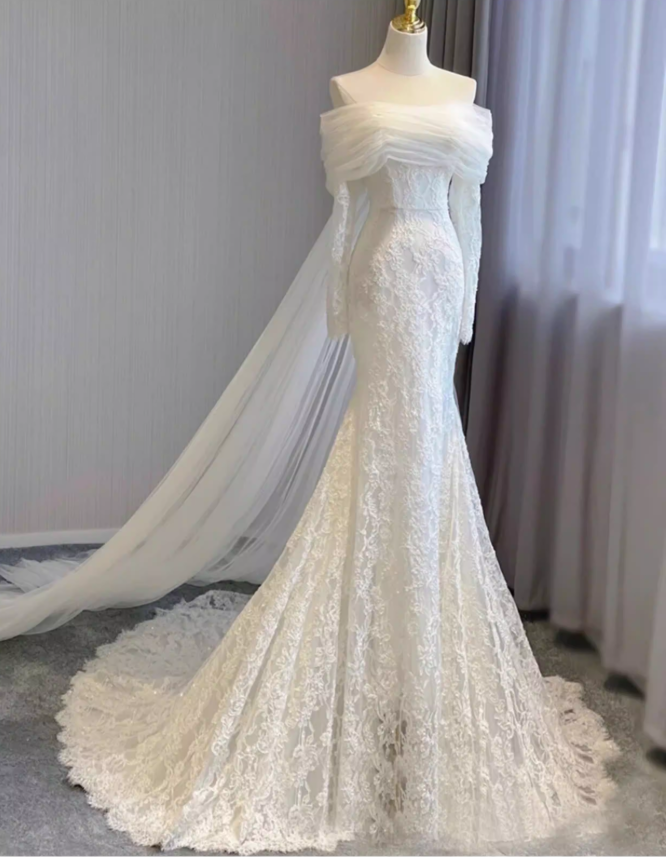 Gorgeous Off The Shoulder Tulle Lace Mermaid Long Wedding Dress White Bridal Dresses SP2022