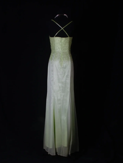 Classy Spaghetti Straps Satin Chiffon Beaded Mermaid Evening Dress Ombre Green Birthday Prom Dress D2261