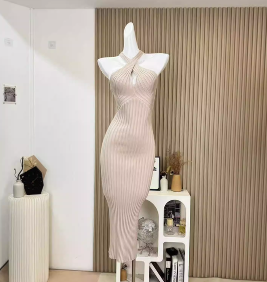 Temperament pure desire style cross halter neck sexy hip dress slim hollow knitted long skirt R0291