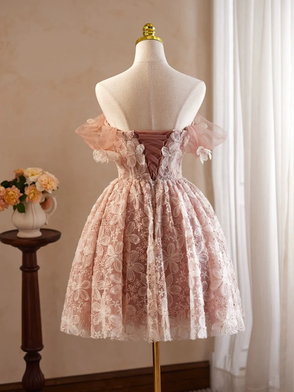 Retro Pink Applique Off-the-shoulder Design A-line Tulle Party Dress Homecoming Dress D1551