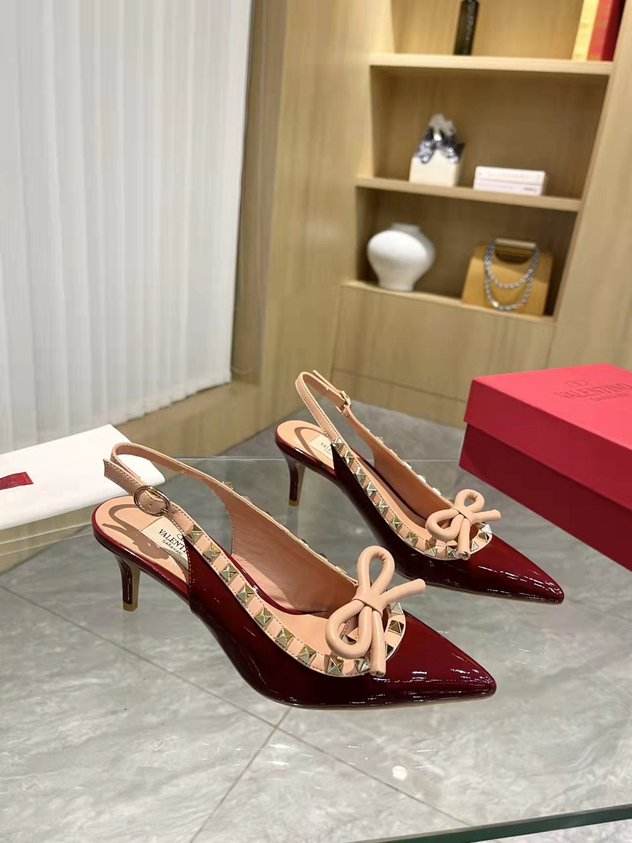Valentino Rockstud Bow Slingback Pumps 65mm Patent Leather