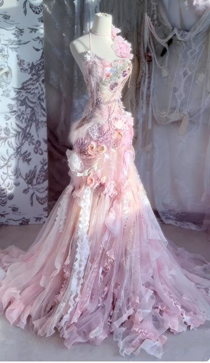 Fairytale Pink Sweetheart Mermaid Tulle Long Prom Dresses Formal Evening Gowns with Appliques