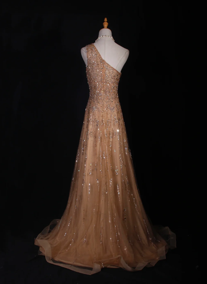 Luxury Champagne One Shoulder Tulle Sequin Beaded Mermaid Long Evening Dress 18th Birthday Outfits D2286