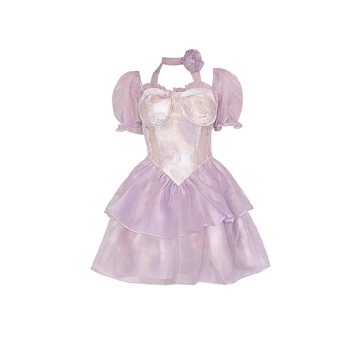 French purple gradient flower waist hollow dress tutu skirt bubble short sleeve princess skirt summer R0168