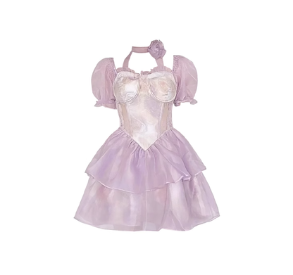 French purple gradient flower waist hollow dress tutu skirt bubble short sleeve princess skirt summer R0168