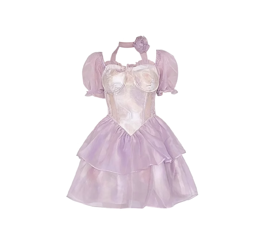 French purple gradient flower waist hollow dress tutu skirt bubble short sleeve princess skirt summer R0168