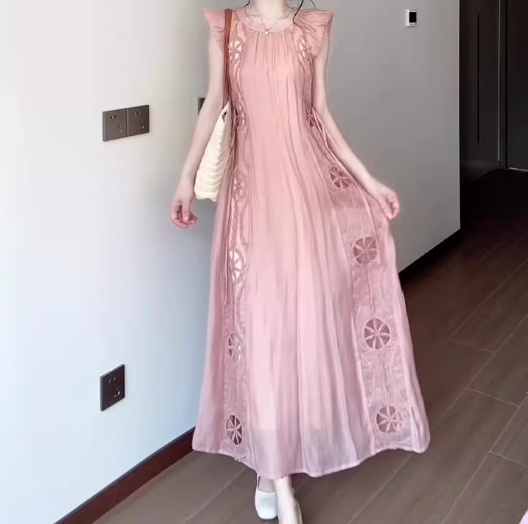 Women's pink small flying sleeve dress gentle sweet style loose long skirt R0725